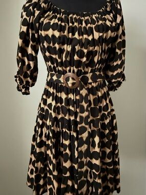 Anthropologie Beach Gold Leopard Print Midi Dress with Belt - Black & Tan